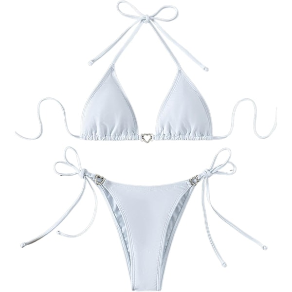 Kvinnors Halterneck Tie Side Triangle Bikini Set Hög Skuren 2 Delad Bikini Baddräkt Rhinestone White L