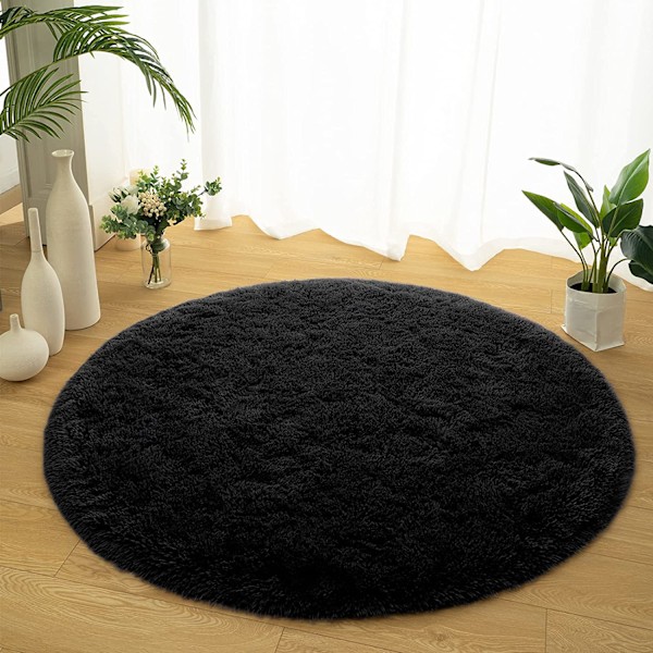 Rund teppe i ren farge, diameter 120 cm/47,2\", myk plysj, sklisikkert teppe, fluffy teppe (svart)