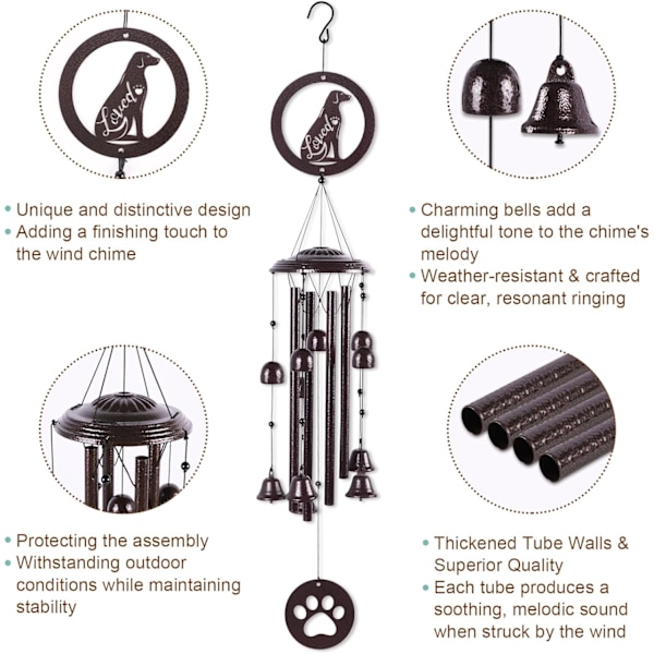 Hunde-vindklokker til utendørs, 38 tommer store metallvindklokker for uteplass, hage, hagedekorasjon, innflyttingsgaver for Dog