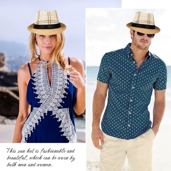 AVEKI Summer Straw Fedora Hat Kortbrättad Panama Solhatt Trilby Beach Hat för Herr & Dam, Randig Beige M