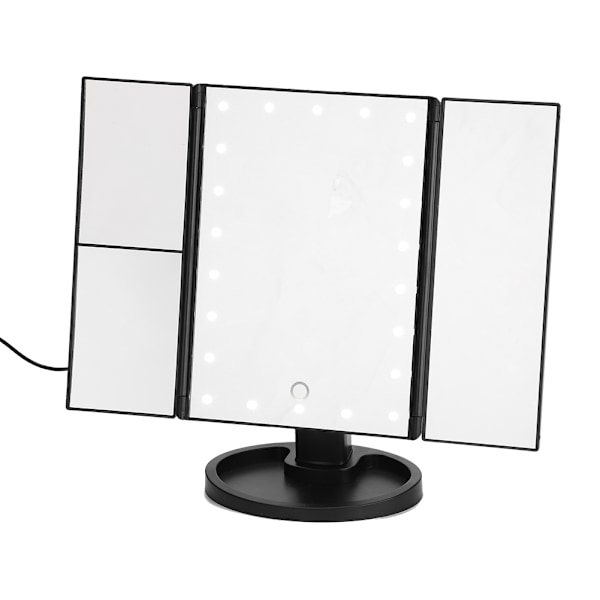 Tri Fold 22 LED-lampor 360° roterande USB-laddning smink spegel bordsskiva pekskärm svart