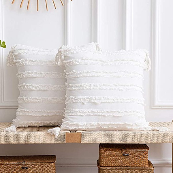 Pudebetræk 18x18 tommer Stribet Jacquard Bomuld Linned Dekorative Pudebetræk til Hjemmeindretning Sofa Landlig Stue Soveværelse（Hvid）