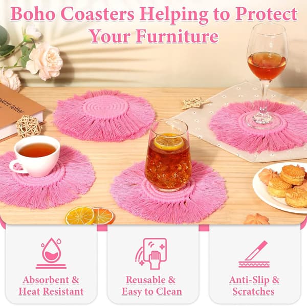 5-pack Coasters för Drycker, Absorberande, Macrame Handgjorda Bomullsunderlägg för Kaffebord, Boho Coaster Set med Fransar Värmebeständiga