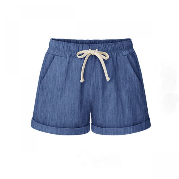 Afslappede strandshorts til kvinder med elastik i taljen og snøre i bomuld --- Denimblå (Størrelse XL)