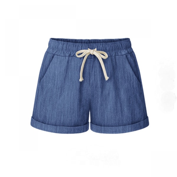 Casual strandshorts i bomull med dragsko för damer --- Denimblå （Storlek 3XL）