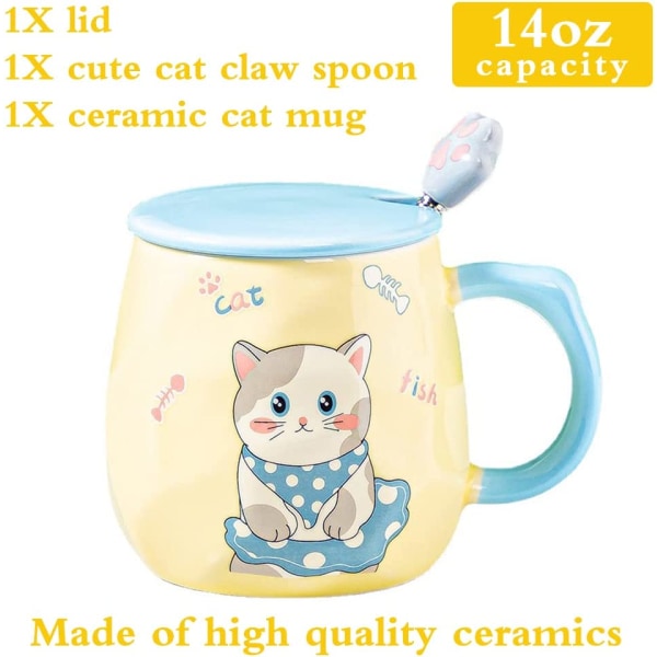 Söt kattmugg, högkvalitativ keramik, hög temperaturbeständig, 14 oz med 3D lock och sked, julfödelsedagspresent, kattgul