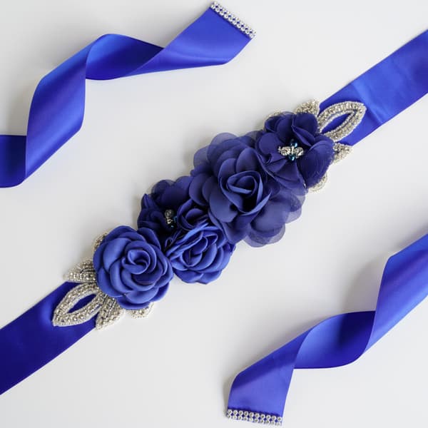 Brudbröllop Sash Bälte med Blommor Pärlor Rhinestone Klänning Maternity Midjebälte Brudar Brudtärnor, Blå