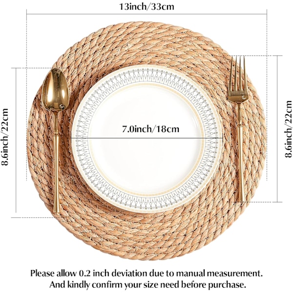 Vevede Placemats Sett med 10, 13\" Boho Rattan Placemats Runde Naturlige Håndvevde Vannhyasint Placemats, Farmhouse Place Mats, Rusti Nature 13 inch