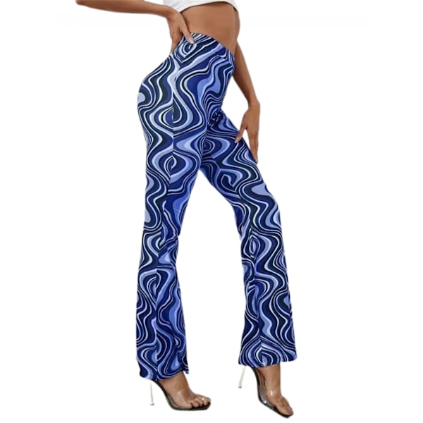 AVEKI Dame Print Elastiske Højtaljede Flare Leg Bell Bottom Bukser, Blå, XL