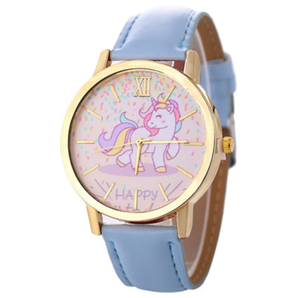 Student Cartoon Watch, Gold Dial, Blue Leather Strap Quartz Watch, Best Gift for Kids