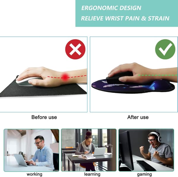 Musemåtte med håndledsstøtte, ergonomisk musemåtte med memory foam håndledsstøttepude, skridsikker gummibase Gaming musemåtte til hjemmet