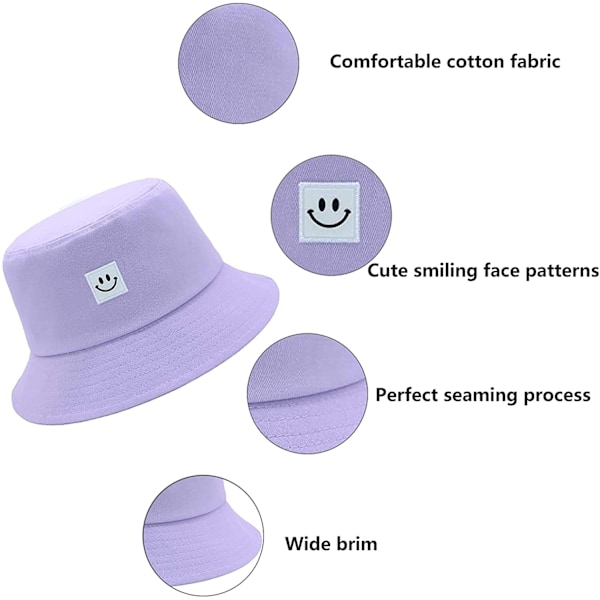 Solhatt for barn med smilende ansikt, bøttehatt for jenter og gutter, sommer solbeskyttelse bomull unisex strandlue --- lilla