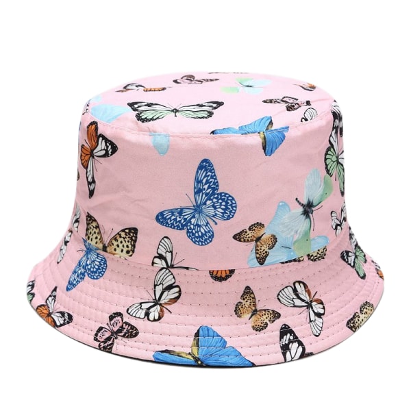 Söt Bucket Hat Beach Fisherman Hattar för kvinnor, vändbara dubbelsidiga slitage (fjäril, rosa)