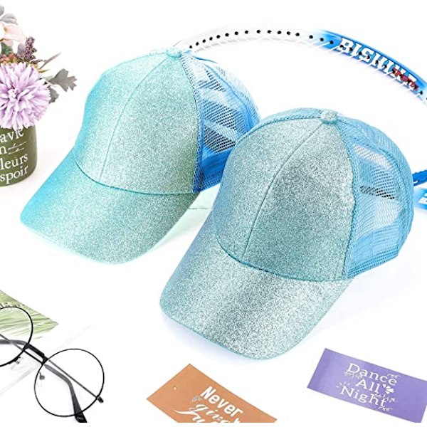 Flickhatt med glitter för flickor, basebollkeps med hög hästsvanshål, solskärm för små flickor