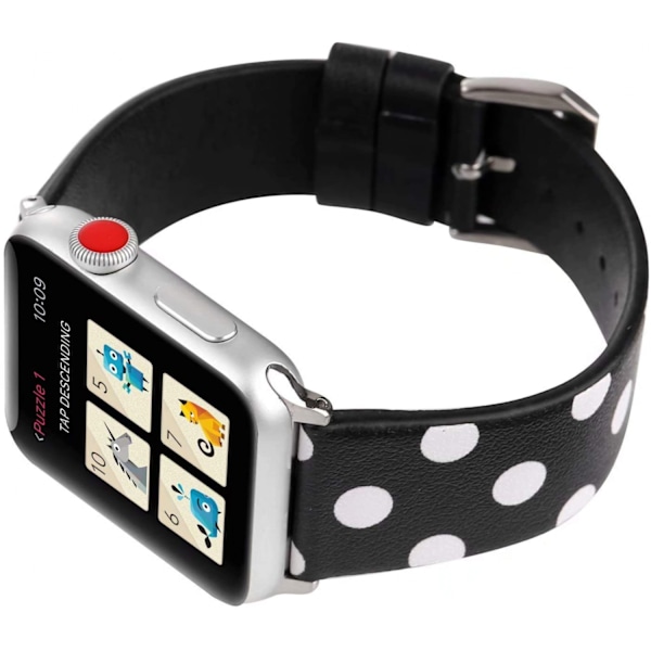 Sødt prikket læderarmbånd til kvinder og piger, kompatibel med Apple Watch Series 6/SE/5/4 40mm og Series 3/2/1 38mm - Sort med hvid, 38/40mm