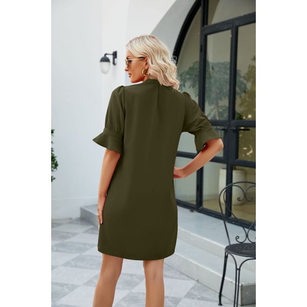 Womens Sommer Bomuldslinned Kjole Ensfarvet Sol Kjoler V-hals Kortærmet Midi Kjole Casual Løs Shift Kjole(Grøn XL)