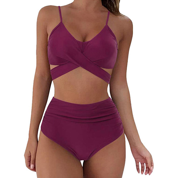 Damer Wrap Bikini Set Push Up Høy Midje Todelt Badedrakt Split Slangeskinn Trykk Badedrakt for Svømming Vannsport (Lilla) L