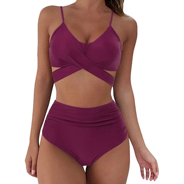 Damomslag Bikini Set Push Up Hög Midja Tvådelad Baddräkt Split Ormhud Tryck Baddräkt för Simning Vattensport (Lila) XL