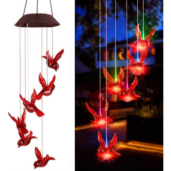 Färgförändrande solcellsbelyst röd kardinalfågel vindklocka vindmobil LED-ljus, spiralformad snurrande vindklocka bärbar utomhusklockspel för uteplats, däck, gård