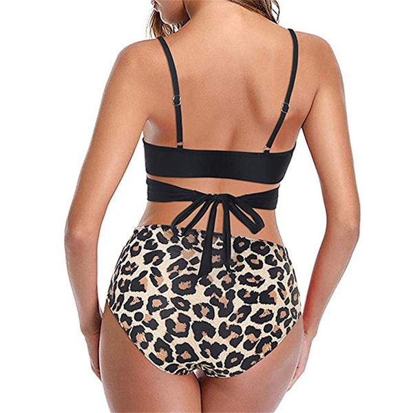 Damer Wrap Bikini Sæt Push Up Høj Talje Todelt Badetøj Split Slange Skind Print Badetøj til Svømning (Sort Leopard Print) L