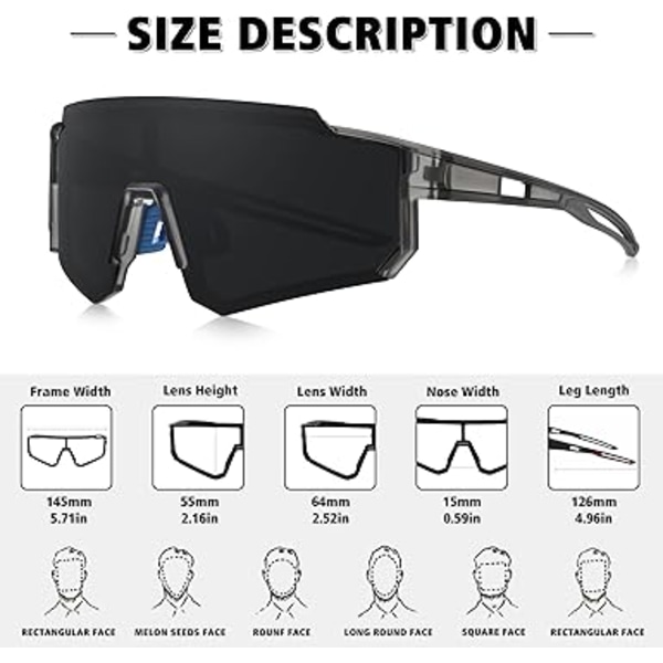 Polarisoidut urheiluaurinkolasit miehille ja naisille, ajoon, kalastukseen, pyöräilyyn ja maastopyöräilyyn, UV400-suoja : Clear Gray Frame-gray Lens