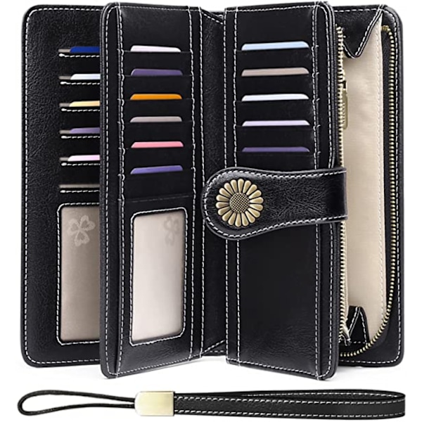 Plånböcker för kvinnor Läder Kreditkortshållare med RFID-blockering Stor kapacitet Wristlet, 1-Wax-Svart