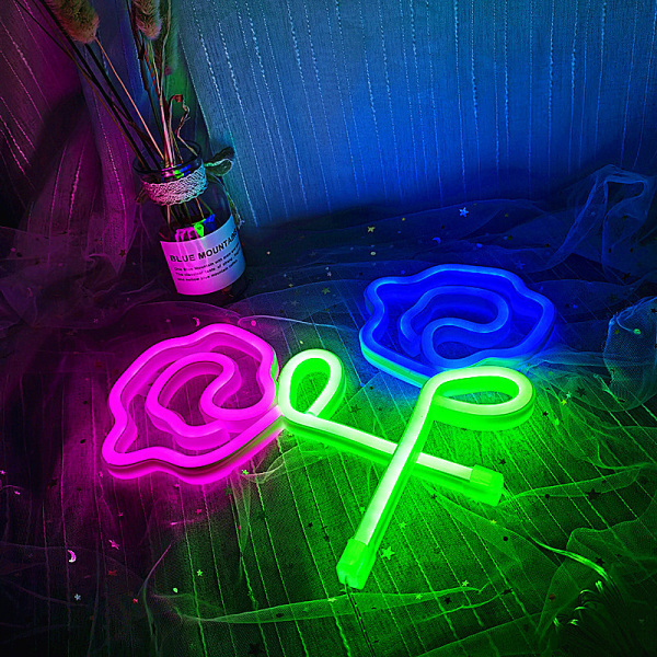 Neonrosa rosblomma neonljus USB/batteridriven nattljus LED-väggljus väggkonst för nattlampor lyser upp skyltar（Blå）