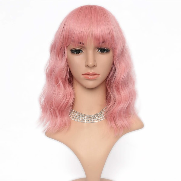 Korta damperuker Pastell vågig peruk med luftlugg lockig vågig axellång pastell cosplay peruk för flickor dagligt bruk färgglada peruker (12 tum, ren rosa)