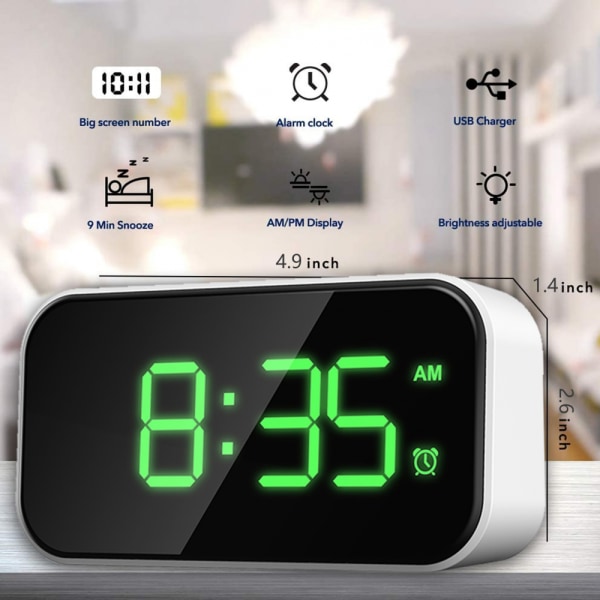 12/24 timmars digital väckarklocka för sovrum, 5-tums LED-skärm, digital väckarklocka för barns sovrum - vitt skal grön typsnitt