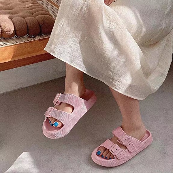 Unisex komfort mjuka rutschkanor, dubbla spänne justerbara EVA platta sandaler, lätta Slip on House Tofflor（Sakura Pink）
