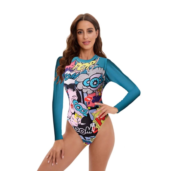 Kvindebadedragt i ét stykke med blomsterprint, badedragt med rygløs rashguard, sød badedragt med lange ærmer til kvinder og piger, våddragt, Style1-blå, L
