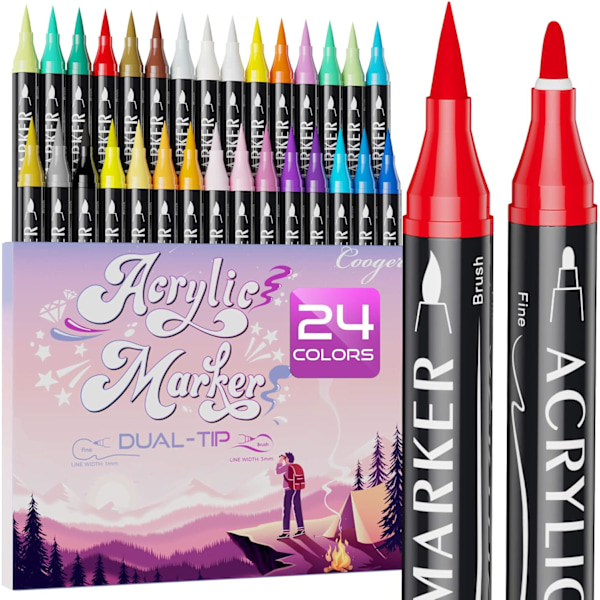 24 Färger Akrylfärgmarkörer med Dubbla Spetsar, Fin Spets och Penselspets Permanenta Akrylfärgpennor för Stenmålning, Canvas, Trä, Glas, 24 colors