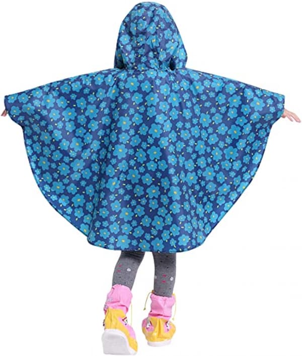 Barne regnponcho med hette, blå blomst, L