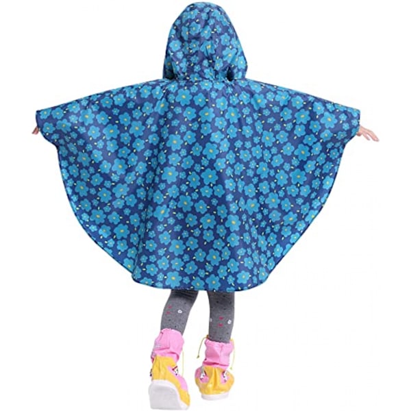 Barne regnponcho med hette, blå blomst, S