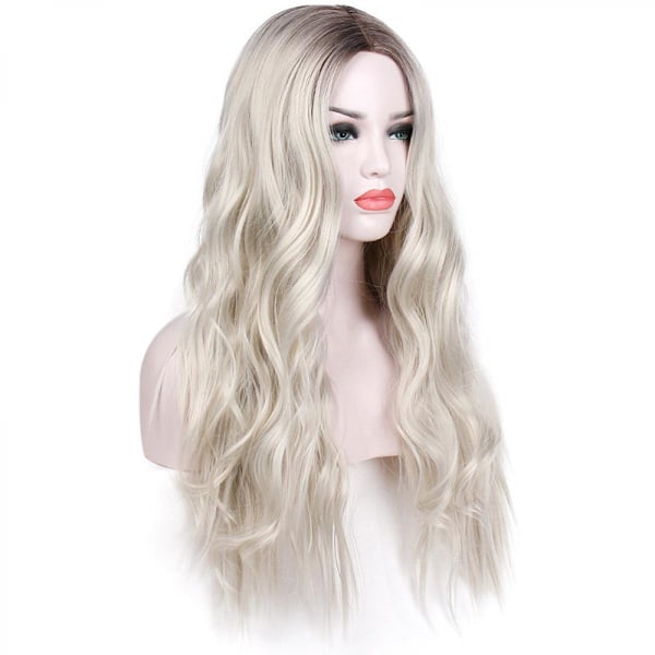 Långt Vågigt Blond Peruk för Kvinnor, Naturlig Strandvåg Lockigt Hår (Platinablond, 66 cm)