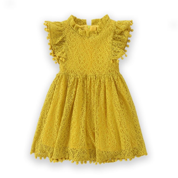 Tjejklänning Spetsklänning Ihålig spetsboll Flygärmar Barnprinsess ihålig kjol -----Gul （storlek 110）