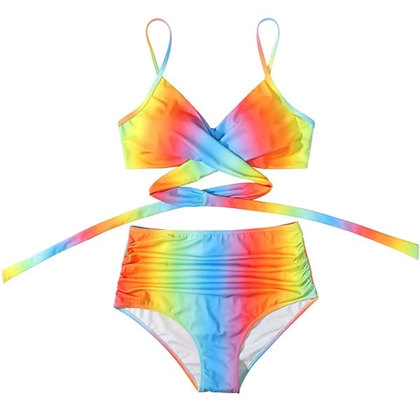 Damomslag Bikini Set Push Up Hög Midja Tvådelad Baddräkt Split Ormhud Tryck Baddräkt för Simning (regnbågsremsor) S