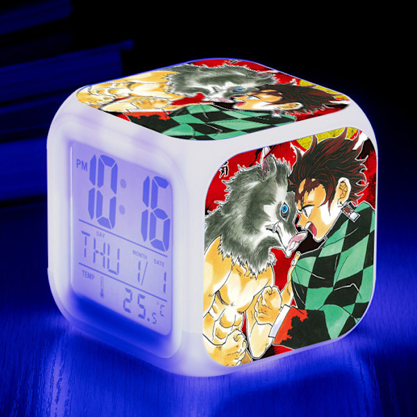 Anime Demon Slayer Färgglad Väckarklocka LED Kvadratisk Klocka Digital Väckarklocka med Tid, Temperatur, Alarm, Datum
