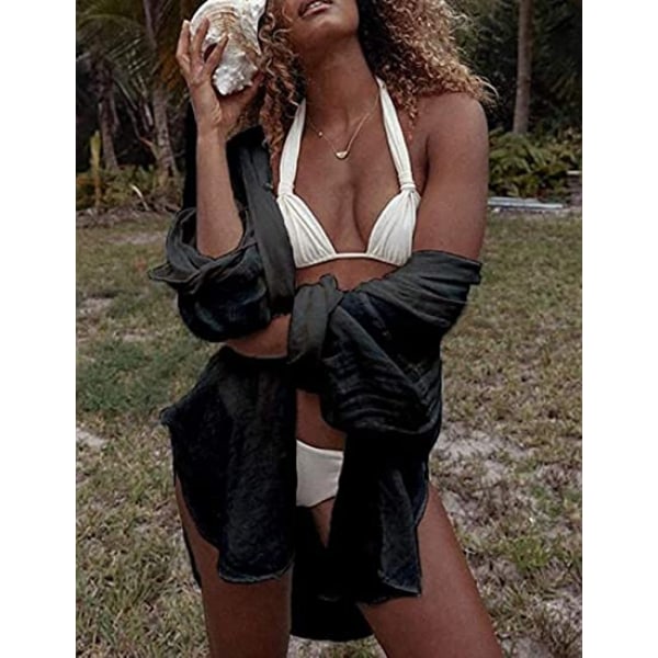 Kvinder Langærmet Strandskjorte Bluser Turn Down Krave Badetøj Cover Ups, G-sort