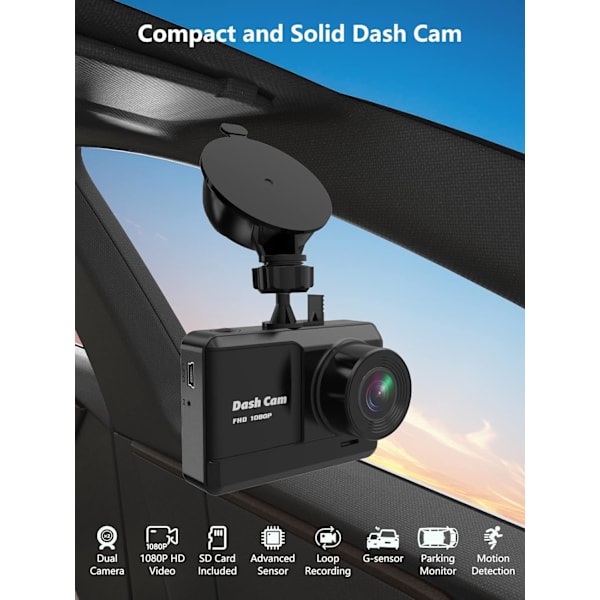 Dash Cam for og bag, Mini Dash Cam 1080P Full HD med 32 GB SD-kort, 2,45 tommer IPS-skærm, 2 monteringsmuligheder, nattesyn, WDR, Ac