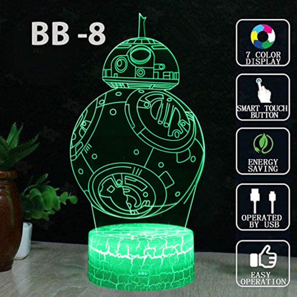 3D Illusion Star Wars Natlampe Fire Mønstre Dødsstjerne/Millennium Falcon/R2 D2/BB-8 Interstellar 7 Farve Skift Dekoration Lampe Skrivebord Natlampe Star Wars Combo Pack-B