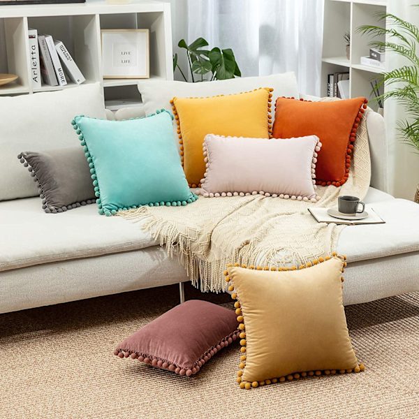 2-pack dekorativa kuddfodral, mjuka partiklar sammet enfärgade kuddfodral med pom-poms för soffa sovrum bil (12 x 20 tum, sylt)