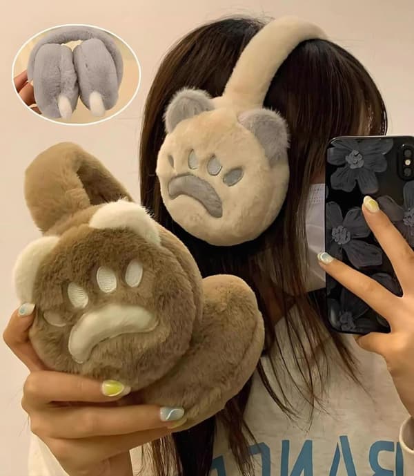 Søde Kattepote-øreklapper - Hjerteformet Mønster Foldbare Bløde Plys Ørevarmere, Bløde Fluffy Ørekopper til Kvinder, Hyggelig Vinter Udendørs Ørevarmer grey