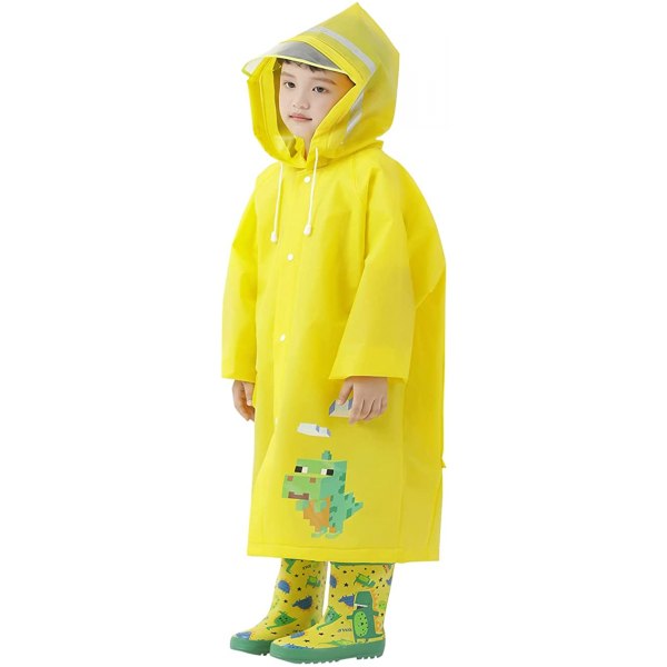 Barn Regnjacka Barn Poncho Barn Regnjacka Barn Regndräkt Lätt regnkläder Reflekterande Återanvändbar med huva, Dino Yellow, 2XL