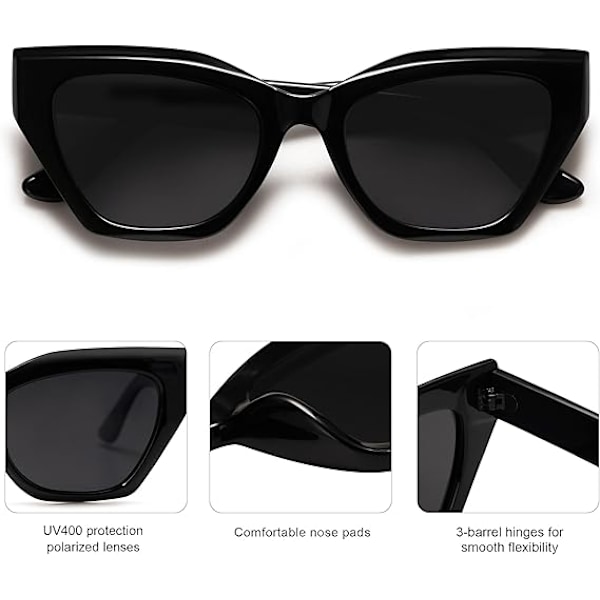 Firkantede polariserede cat eye solbriller til kvinder, retro, klassisk, vintage, trendy cateye solbriller Black