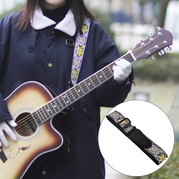 Justerbar broderad mönstrad axelbandstillbehör för folk klassisk gitarr (gul)
