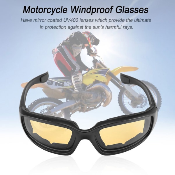Svart ram Gul lins Motorcykelglasögon, utomhussporter, UV-, vind- och dammtåliga glasögon, glasögon