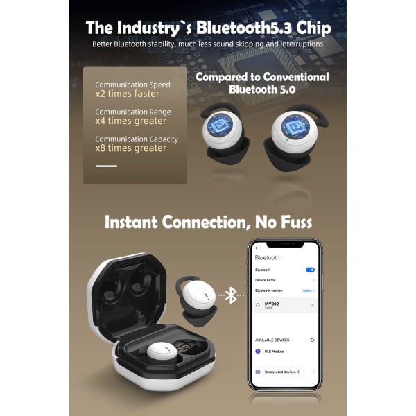 Sovende ørepropper Små Bluetooth-ørepropper Mini trådløse diskrete ørepropper for musikk, hjem, arbeid