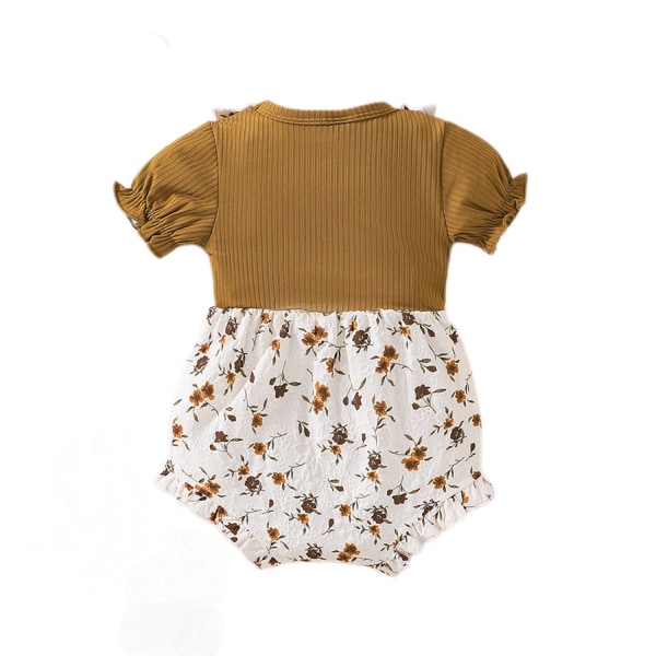 Flickor Blommig Romper Suspender Shorts Ruffled Puff Sleeve Bodysuit Jumpsuit One Piece Sommar Outfit --- Brun (Storlek 80)