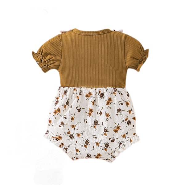 Pige Floral Romper Suspender Shorts Rufflede Puff Sleeve Bodysuit Jumpsuit One Piece Sommer Outfit --- Brun（Størrelse 80）